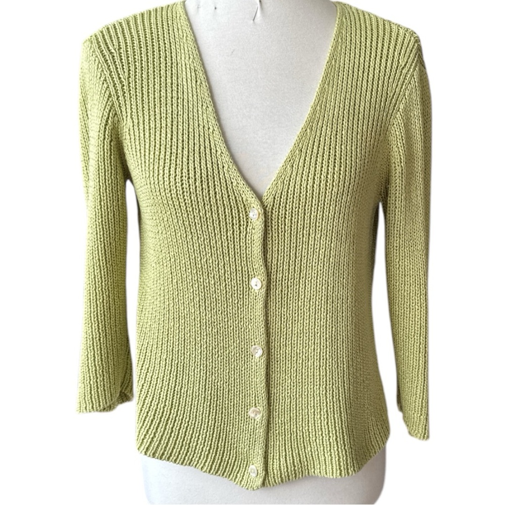 Dana Buchman Green Cardigan Sweater with V-Neck and Ribbed Knit
